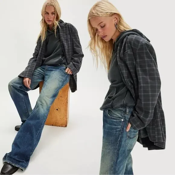 Free People Oversized Layering Menswear Reggie Blazer Blue Plaid Medium Preppy